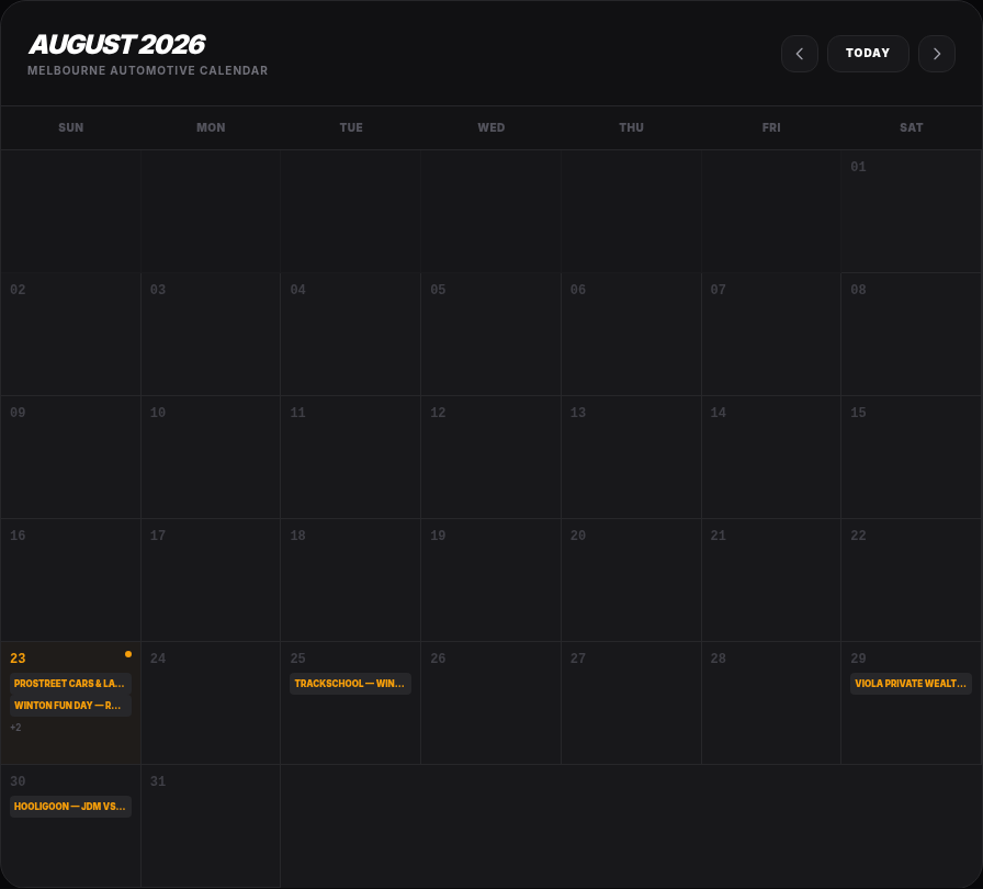 Real RevLink Melbourne automotive calendar with event entries