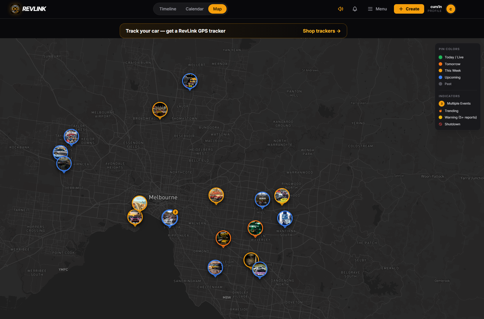RevLink event map showing car meets pinned across Melbourne, colour-coded by how soon they are on