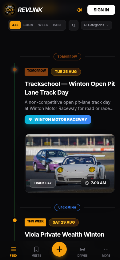 Real RevLink event feed showing verified meet discovery