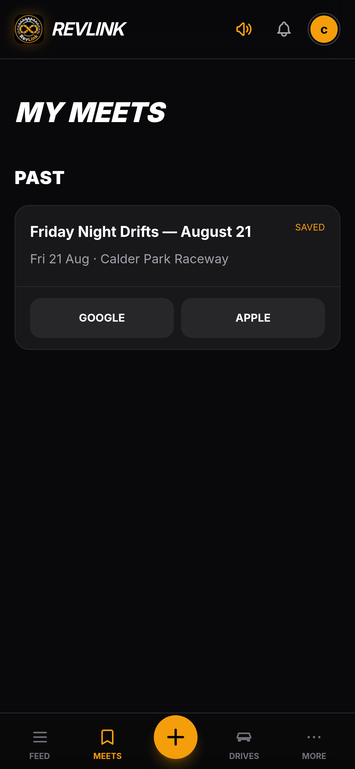 Real RevLink My Meets screen with a saved event and calendar actions