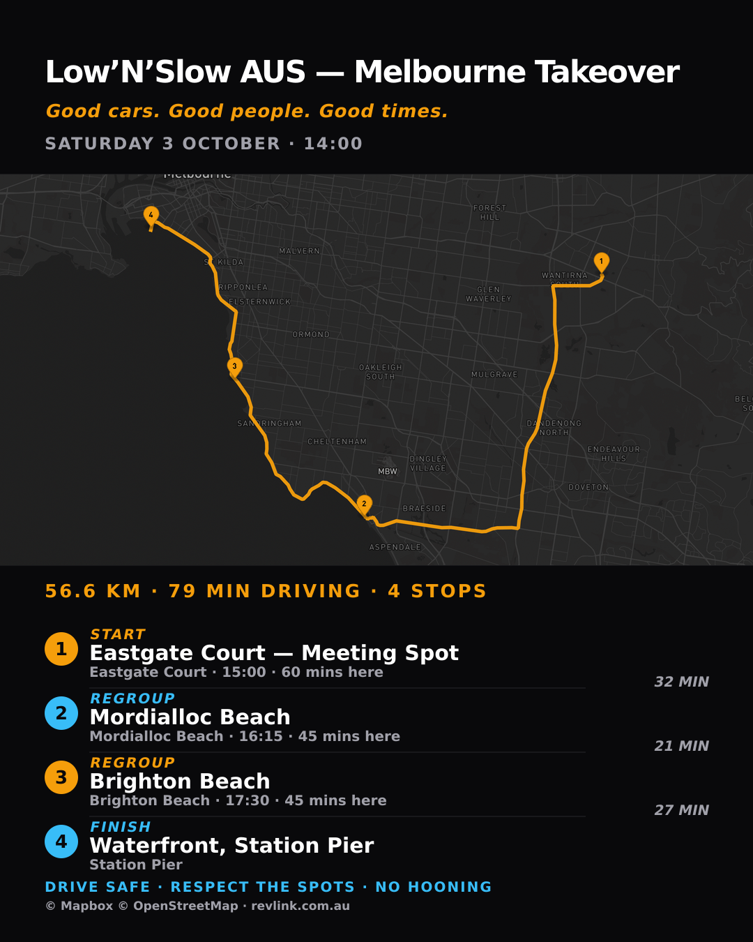 Published RevLink cruise route poster with mapped multi-stop route, times and waypoint cards
