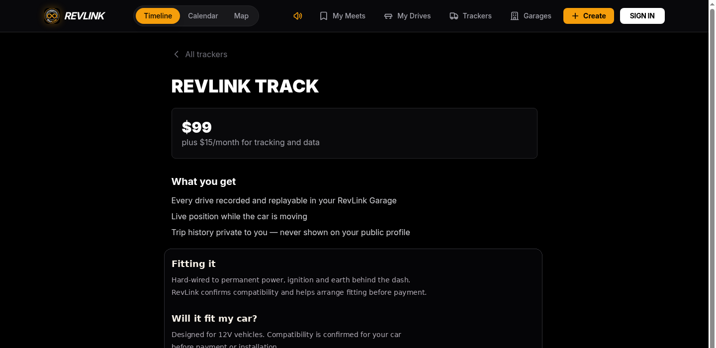 RevLink tracker product detail showing current price and fitting information