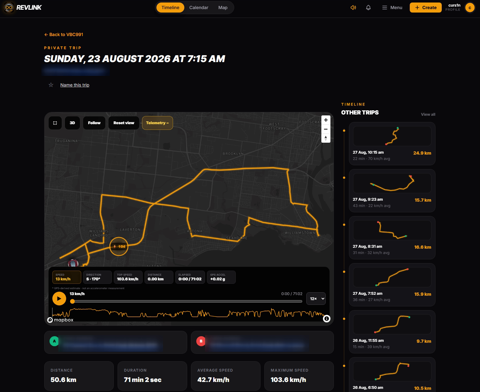 Privacy-redacted RevLink private trip with route replay, telemetry and trip summary