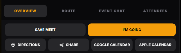 Real RevLink event controls: Save Meet, I&rsquo;m Going, Directions, Share, Google Calendar and Apple Calendar